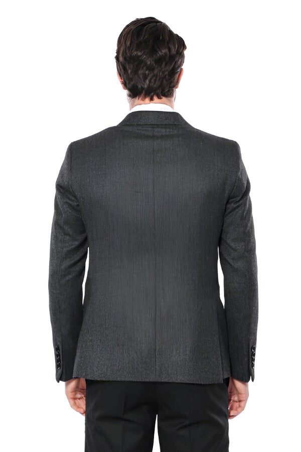 Peak Lapel Dark Grey Blazer - Wessi