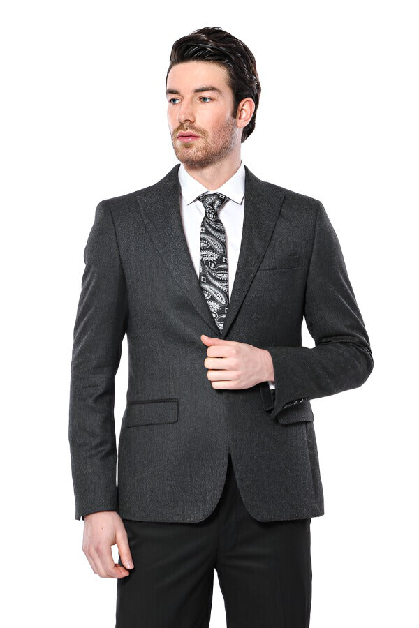 Peak Lapel Dark Grey Blazer - Wessi