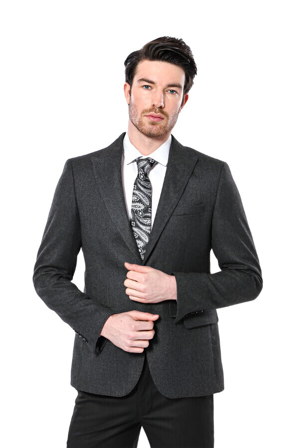 Peak Lapel Dark Grey Blazer - Wessi