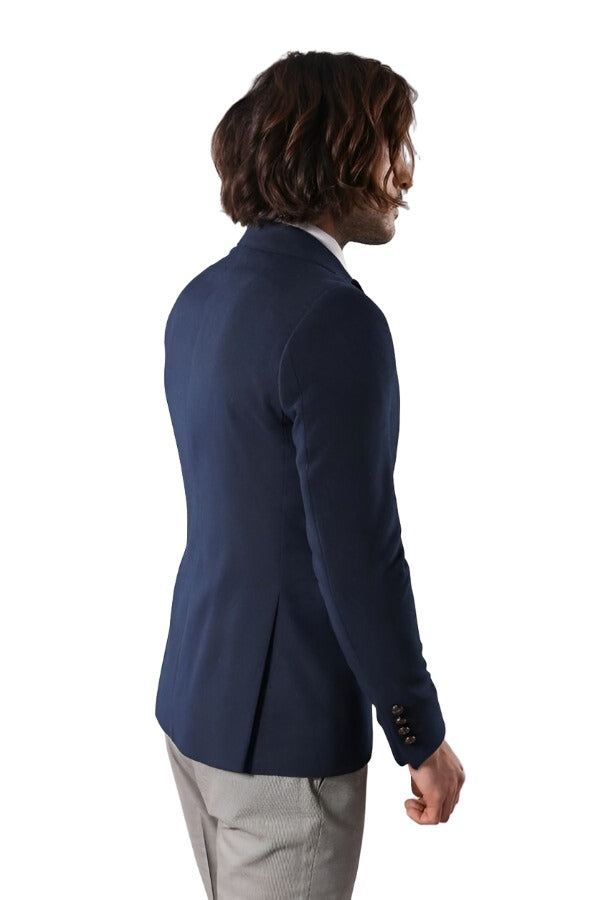 Single Button Pointed Collar Navy Blue Blazer - Wessi
