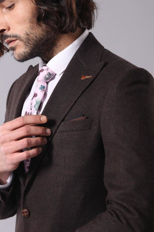 Single Button Pointed Wide Collar Brown Blazer - Wessi