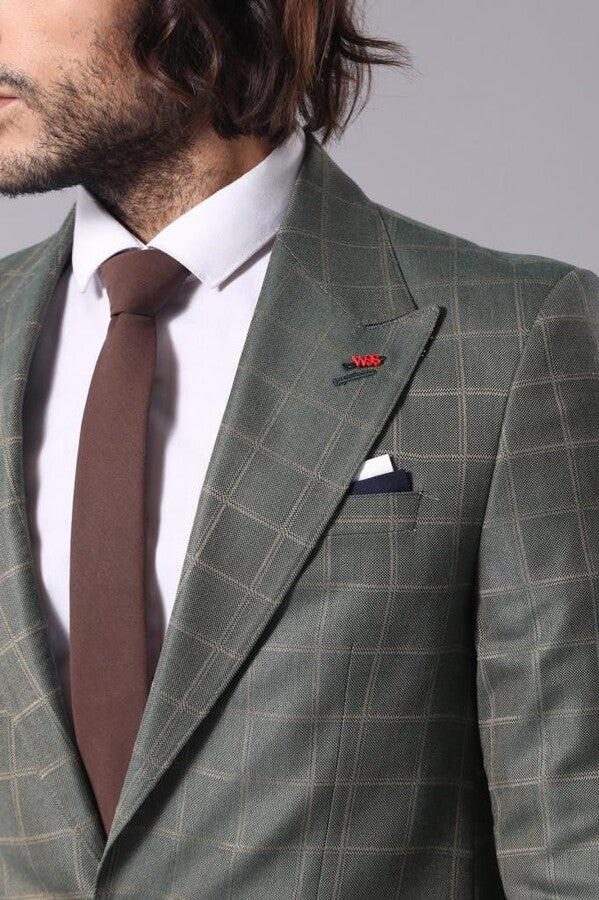 Single Button Wide Pointed Collar Green Blazer - Wessi