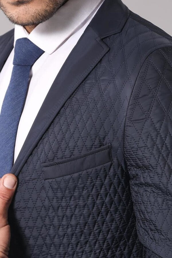 Slim Fit Navy Blue Quilted Blazer - Wessi