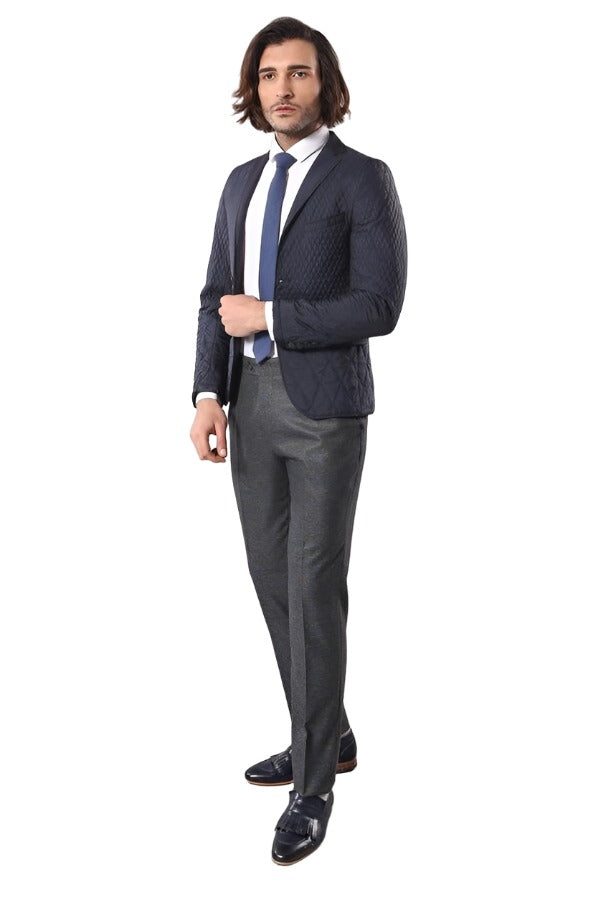 Slim Fit Navy Blue Quilted Blazer - Wessi