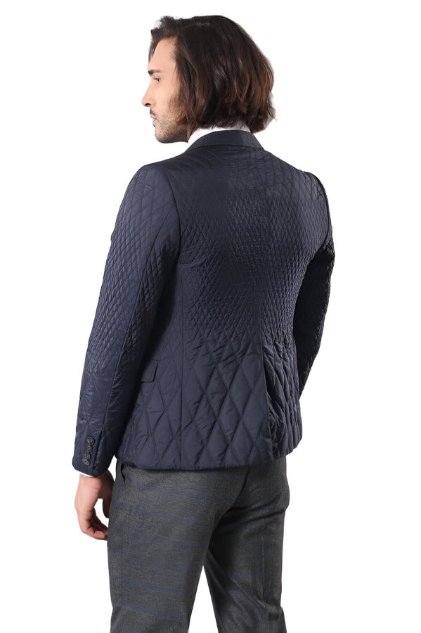 Slim Fit Navy Blue Quilted Blazer - Wessi