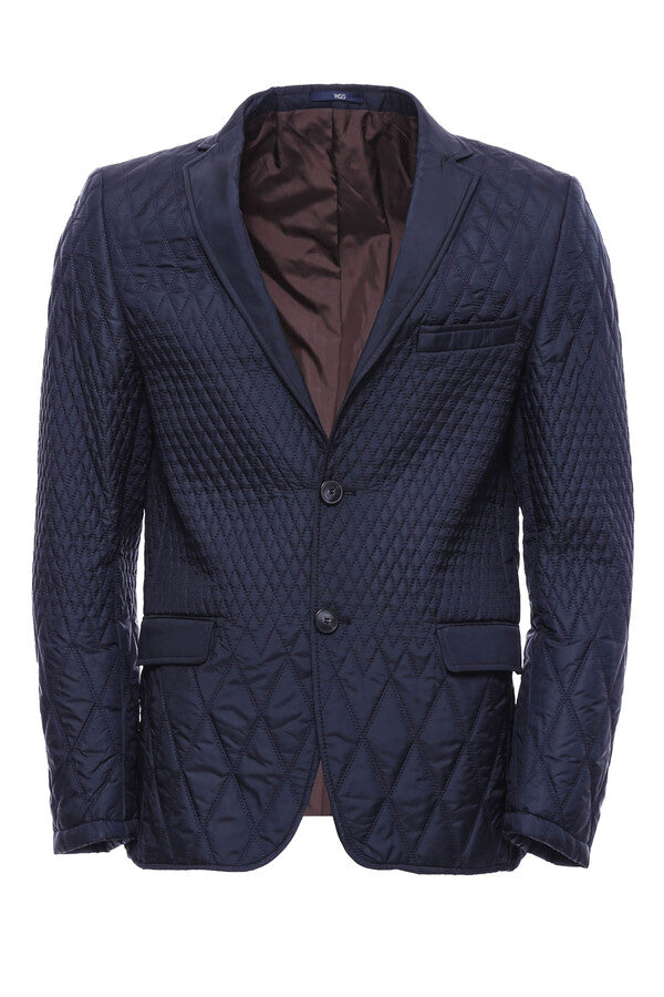 Slim Fit Navy Blue Quilted Blazer - Wessi