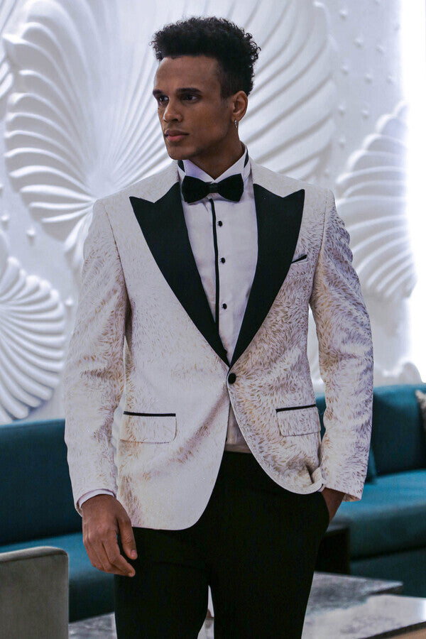 Feather Patterned Slim Fit White Men Prom Blazer - Wessi