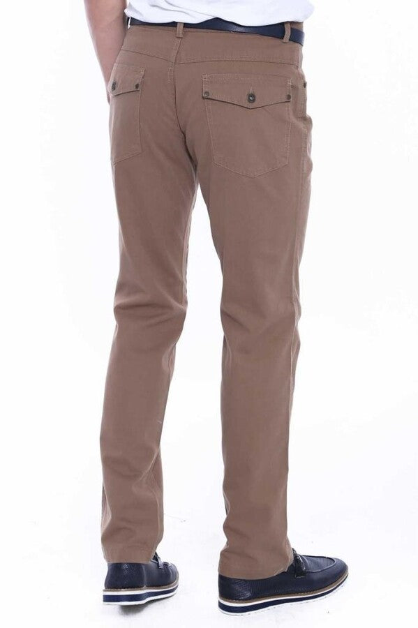 Flap Pockets Suede Slim Fit Light Brown Men Pants - Wessi