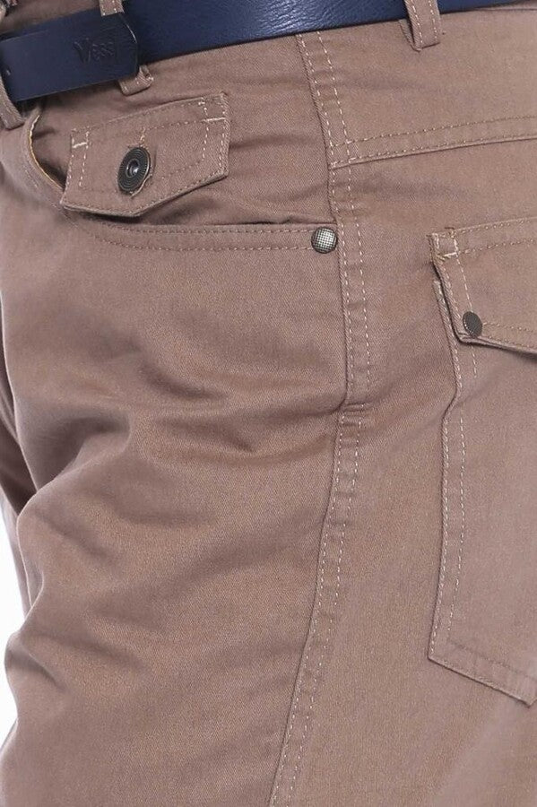 Flap Pockets Suede Slim Fit Light Brown Men Pants - Wessi