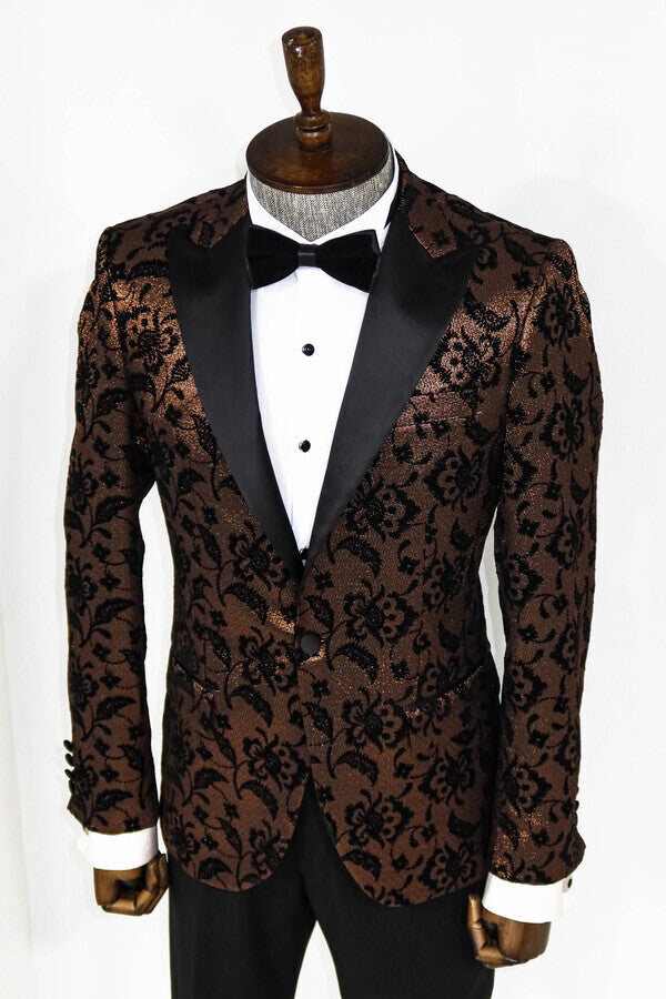 Floral Patterned Peak Lapel Gold Men Singer Party Blazer Wessi