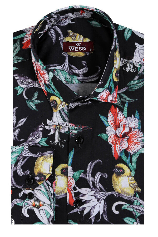 Floral Patterned Slim Fit Long Sleeves Black Men Shirt - Wessi