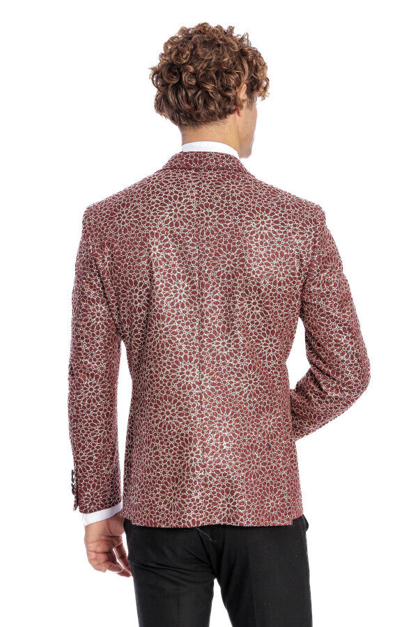 Flower Embroidered Pattern Burgundy Men Prom Blazer - Wessi