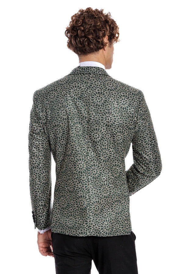 Flower Embroidered Pattern Green Men Prom Blazer - Wessi