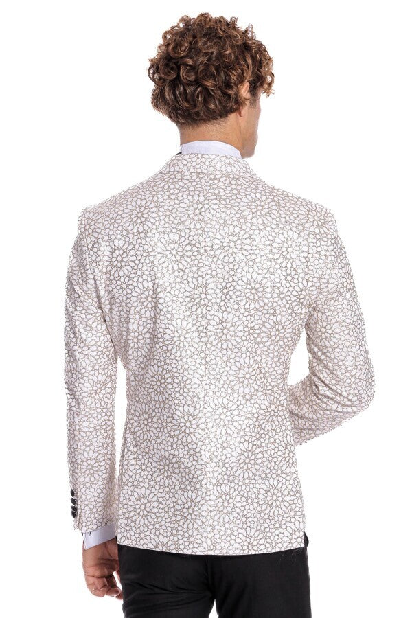 Flower Embroidered Pattern White Men Prom Blazer - Wessi