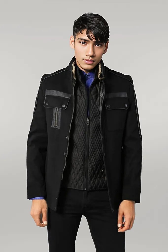 Fur Collar 4 Pockets Black Men Coat - Wessi