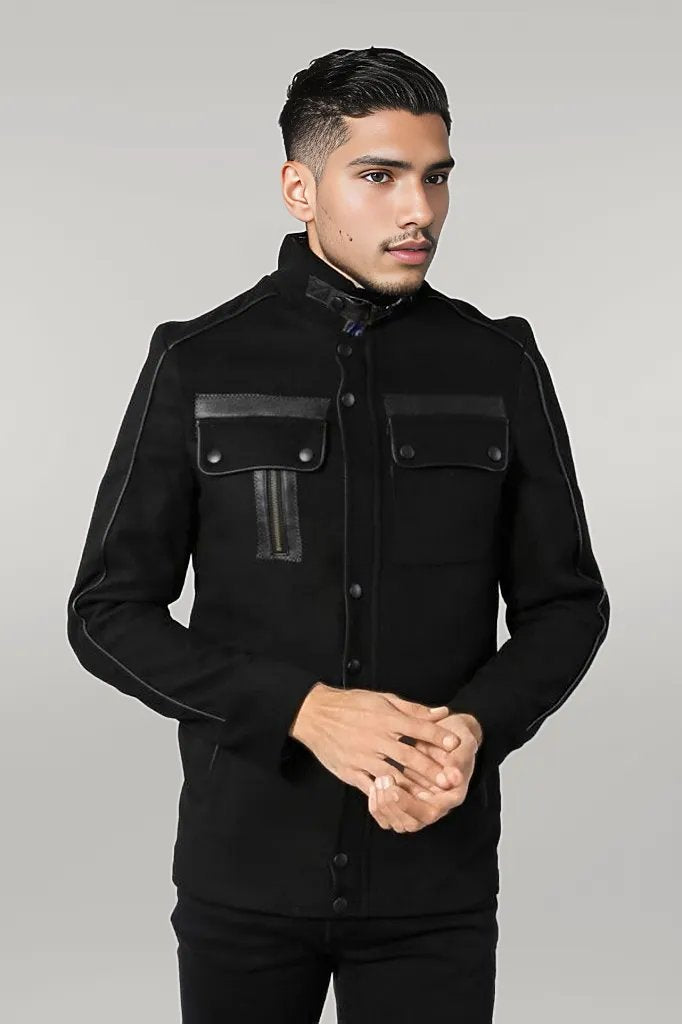 Fur Collar 4 Pockets Black Men Coat - Wessi