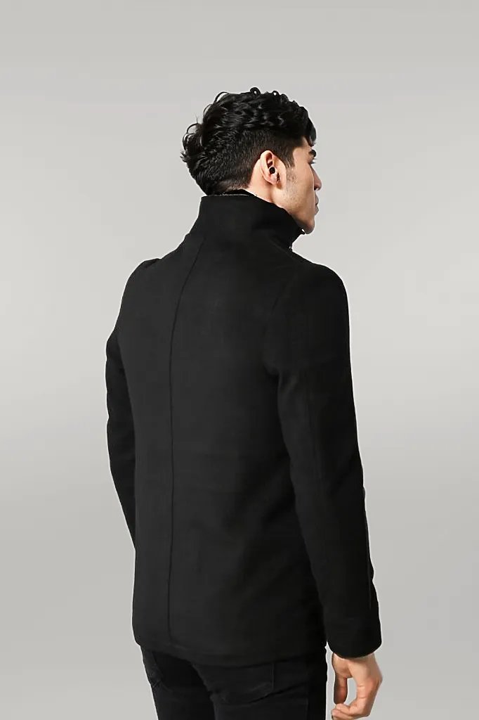 Fur Collar 4 Pockets Black Men Coat - Wessi