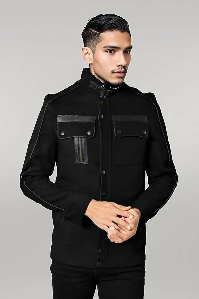 Fur Collar 4 Pockets Black Men Coat - Wessi