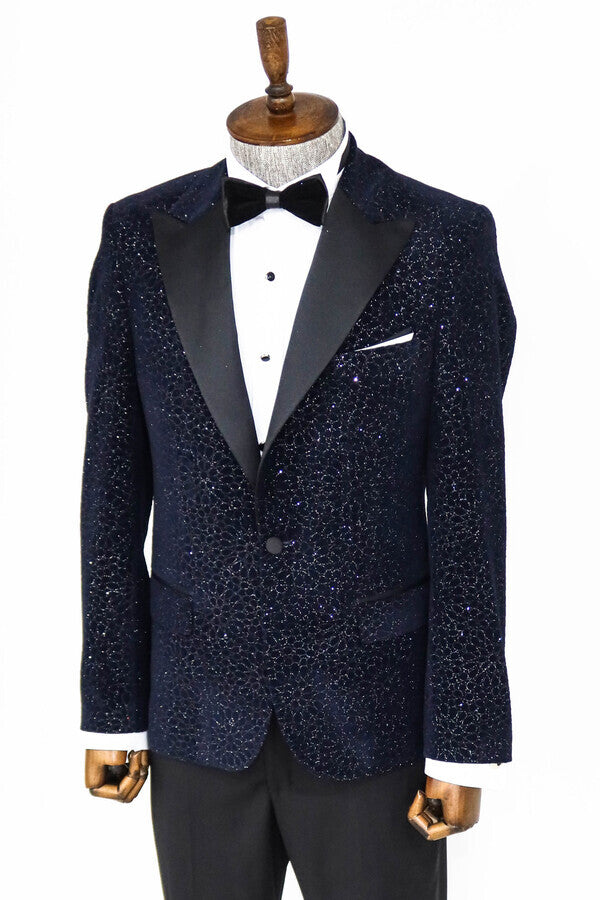 Glitter Floral Patterned Navy Blue Men Prom Blazer Wessi