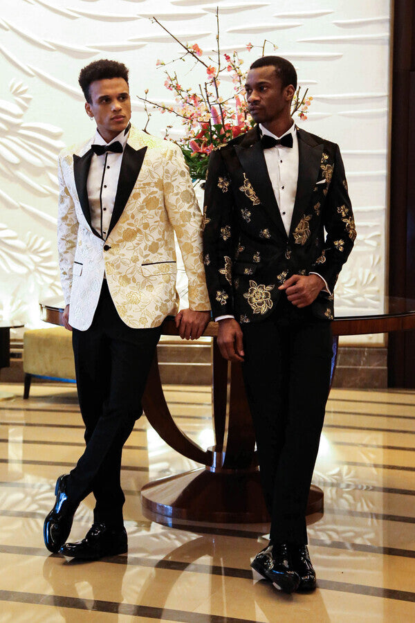 Gold Floral Patterned Shiny Black Men Prom Blazer - Wessi