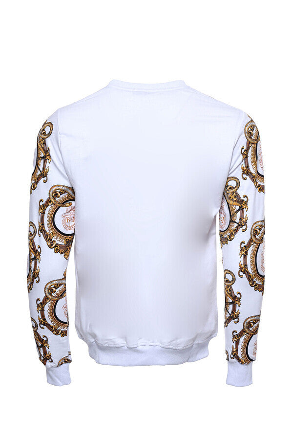 Gold Patterned Slim Fit White Sweatshirt - Wessi