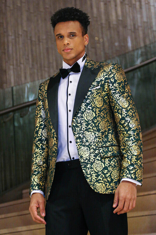 Gold Rose Patterned Slim Fit Green Men Prom Blazer - Wessi