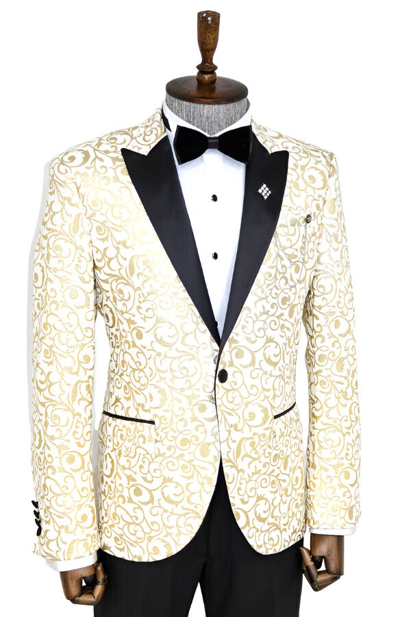 Gold Scroll Patterned Over White Men Prom Blazer - Wessi