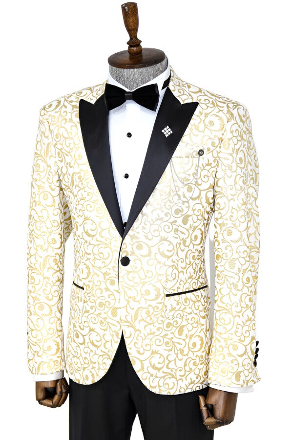 Gold Scroll Patterned Over White Men Prom Blazer - Wessi