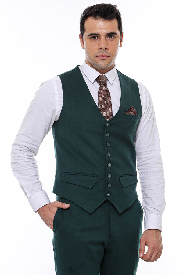 Green Plain 8 Buttoned Vest - Wessi