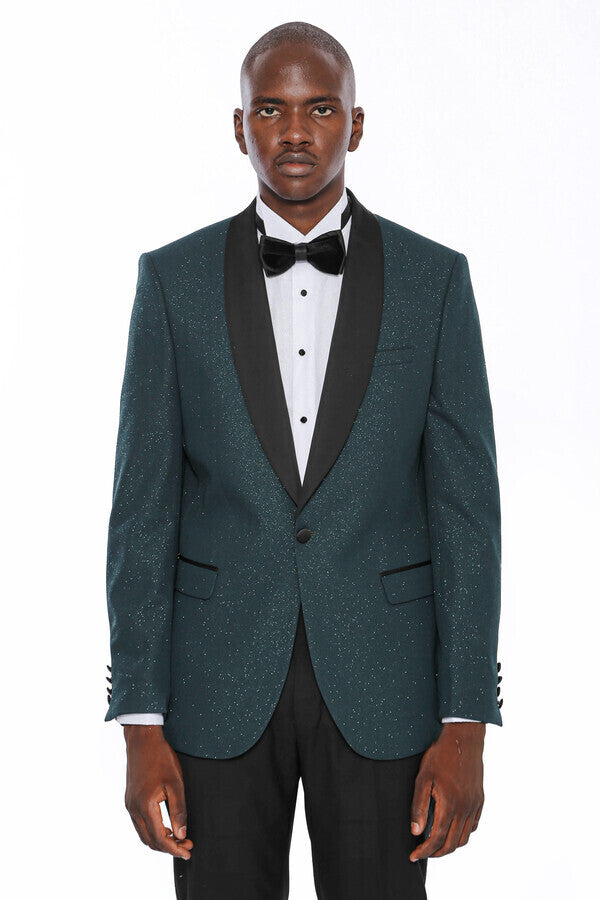 Green Shawl Lapel Sparkly Tuxedo Jacket - Wessi
