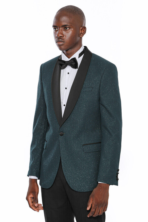 Green Shawl Lapel Sparkly Tuxedo Jacket - Wessi