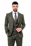 Green Striped Slim-Fit Vested Suit - Wessi