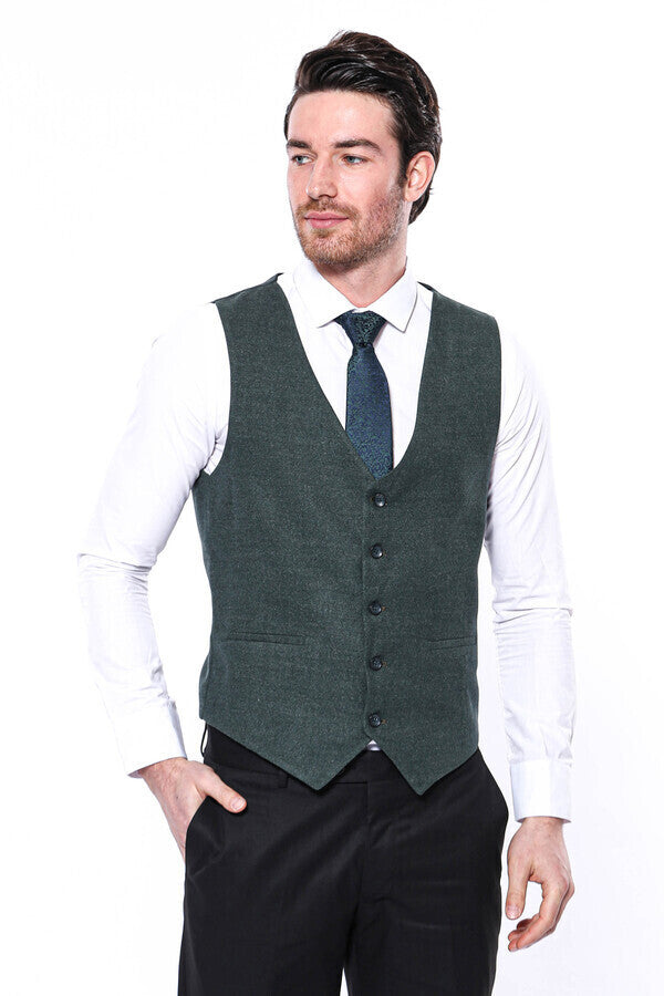 Green V Neck Men Vest | Wessi