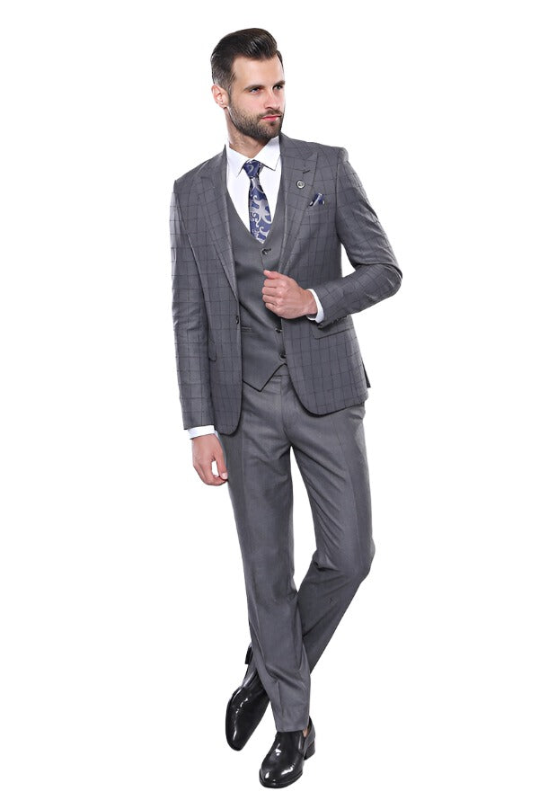 Grey Vested Checked Suit - Wessi