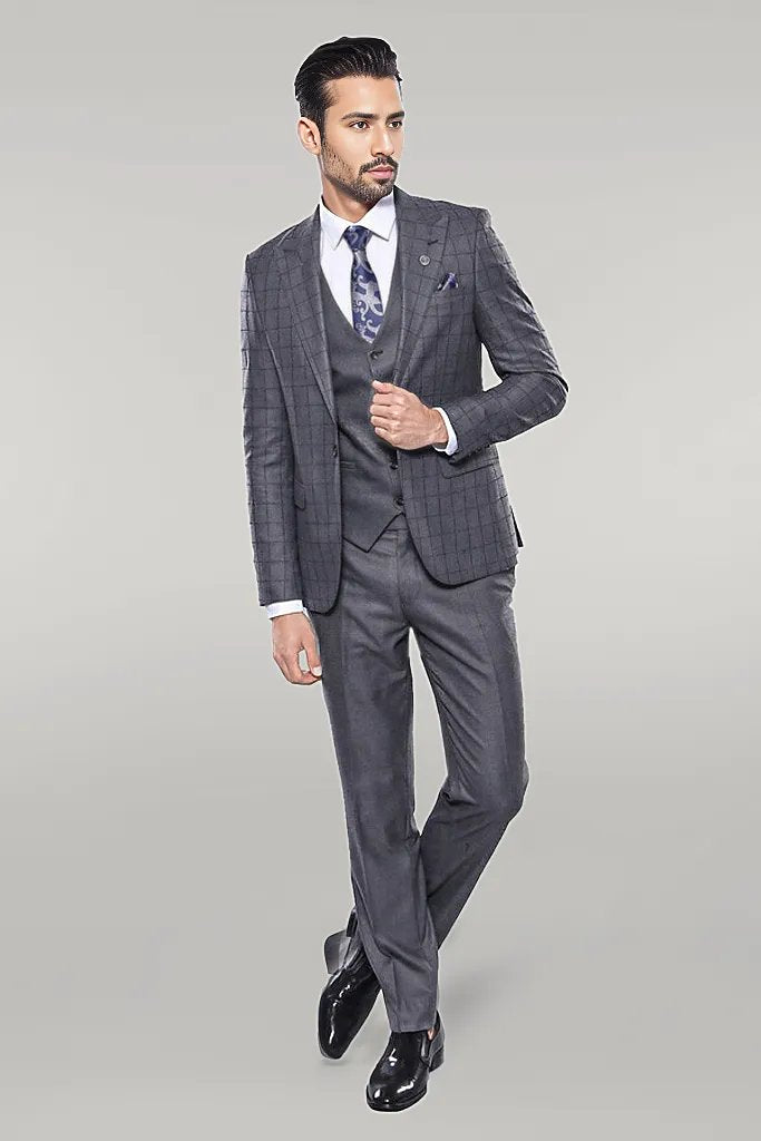 Grey Vested Checked Suit - Wessi