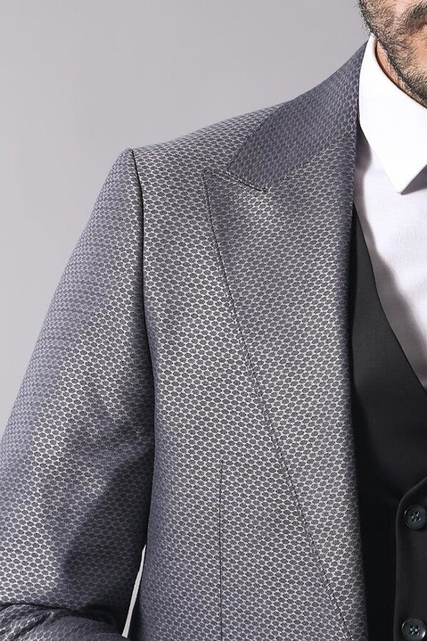 Grey Jacket Combined Black Suit - Wessi