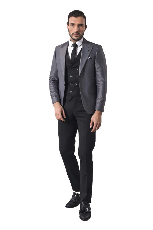 Grey Jacket Combined Black Suit - Wessi