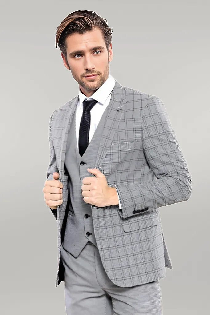 Grey Plaid Vested Men's Suit | Wessi