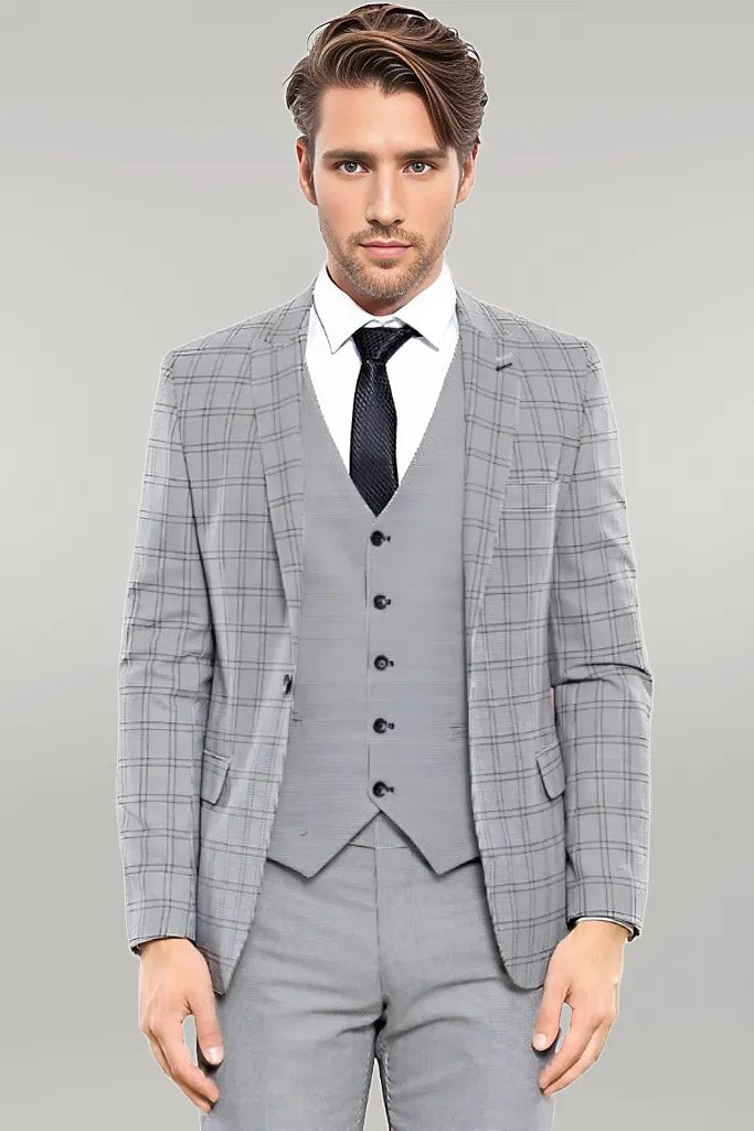 Grey Plaid Vested Men's Suit | Wessi