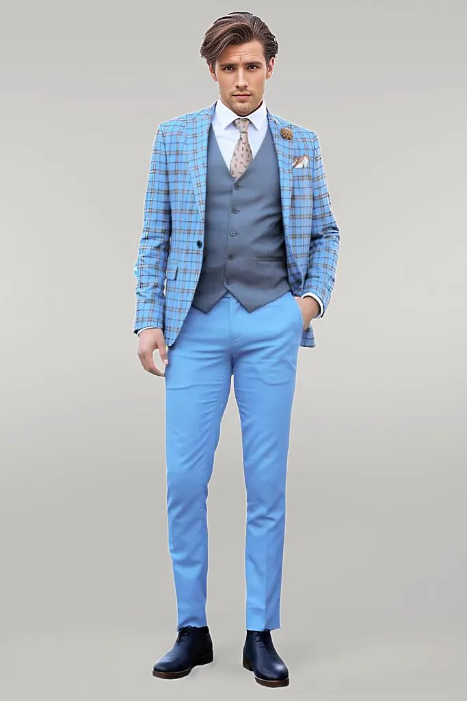 Grey Vested Slim Fit Checked Light Blue Men Suit-Wessi