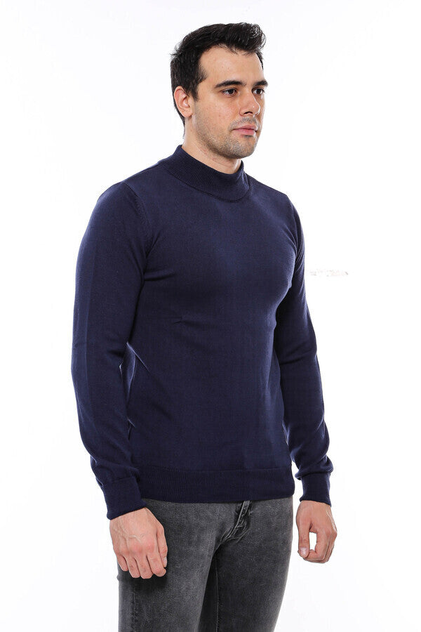 Half Turtleneck Knitwear Navy Blue Men Sweater - Wessi