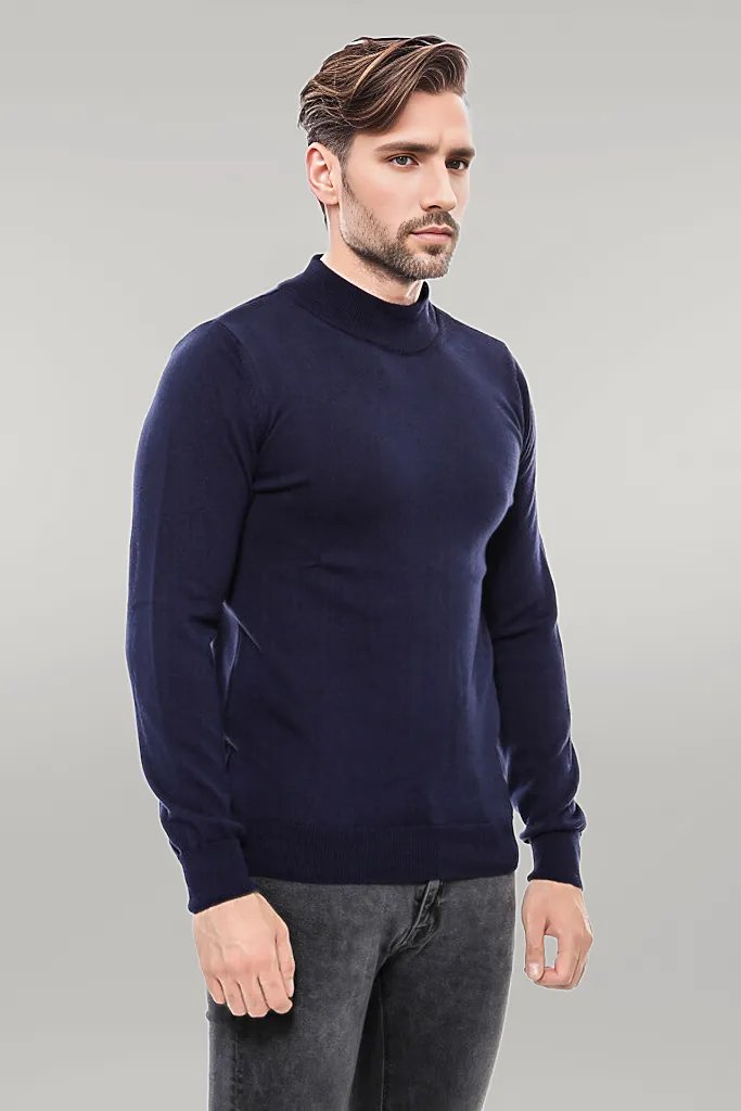 Half Turtleneck Knitwear Navy Blue Men Sweater - Wessi