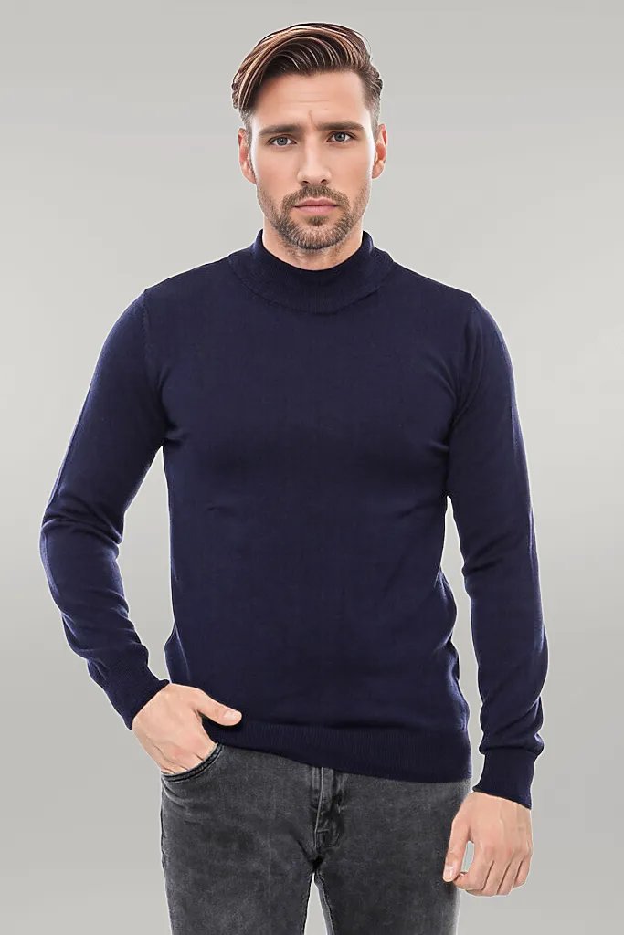 Half Turtleneck Knitwear Navy Blue Men Sweater - Wessi