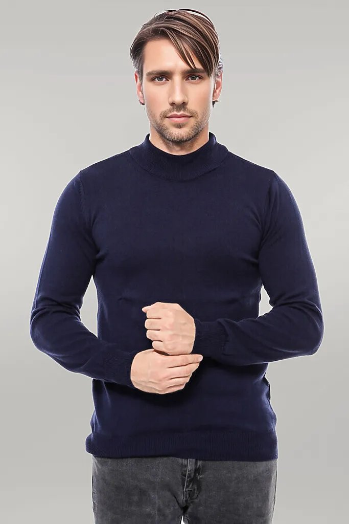 Half Turtleneck Knitwear Navy Blue Men Sweater - Wessi