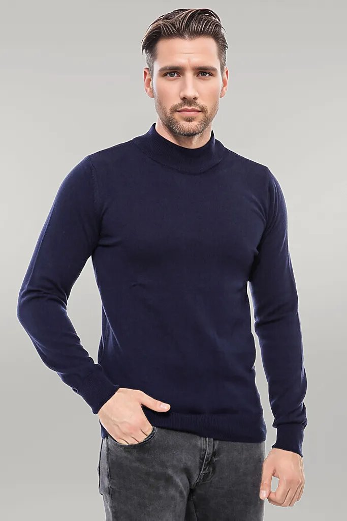 Half Turtleneck Knitwear Navy Blue Men Sweater - Wessi