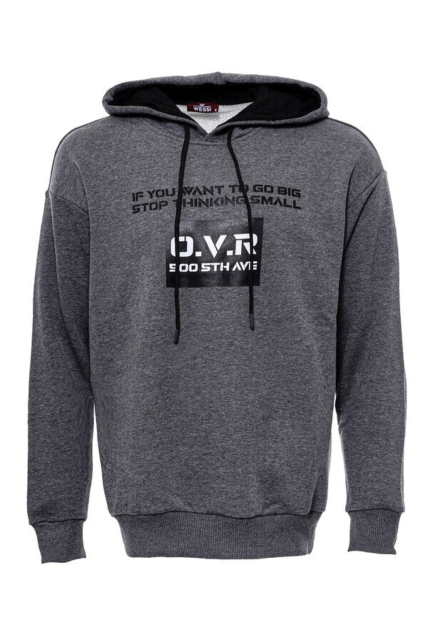 Hooded Pocket Printed Dark Grey Sweatshirt - Wessi