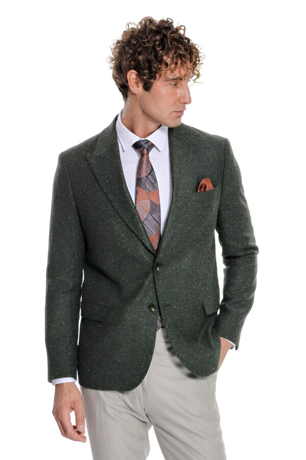 Houndstooth Pattern Wool Green Men Blazer - Wessi
