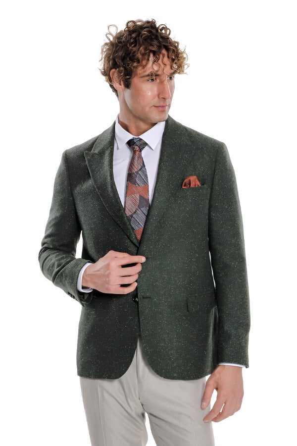 Houndstooth Pattern Wool Green Men Blazer - Wessi