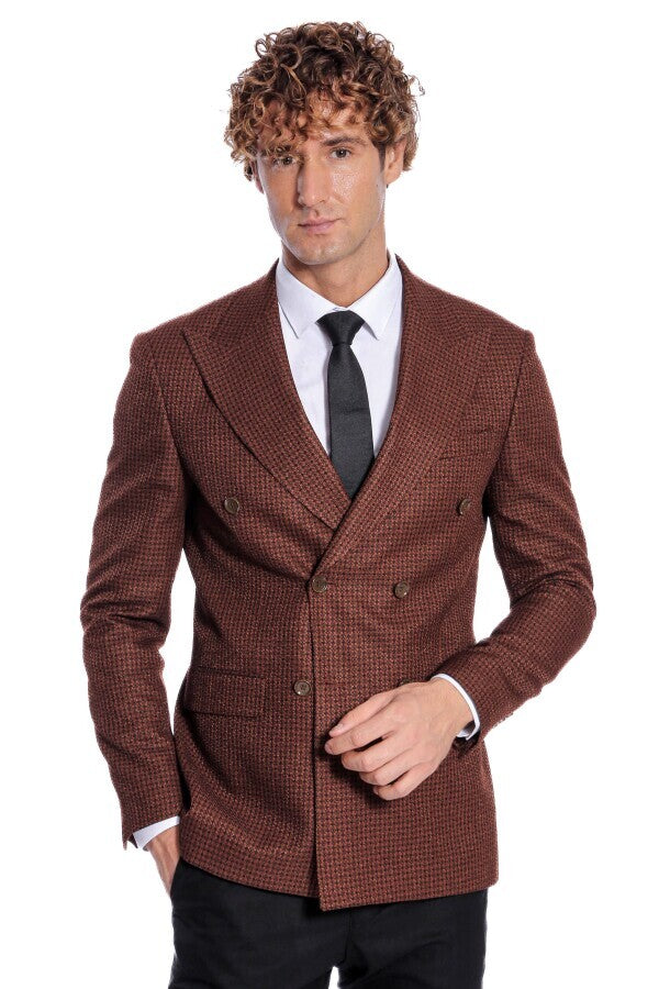 Houndstooth Patterned Brown Men Double Breasted Blazer - Wessi