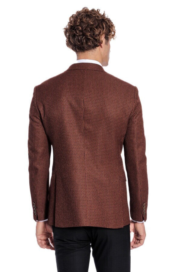 Houndstooth Patterned Brown Men Double Breasted Blazer - Wessi